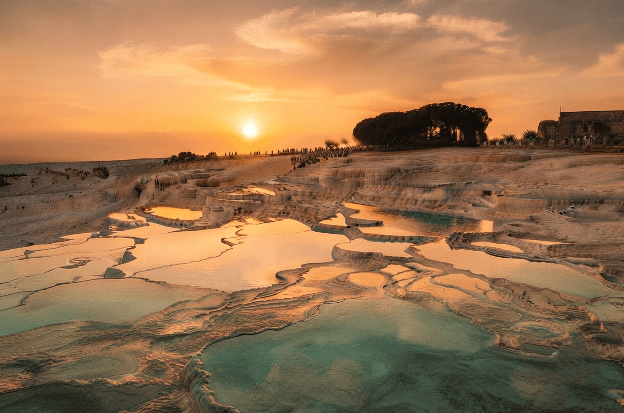 Travertenlerin gün batımı panoraması